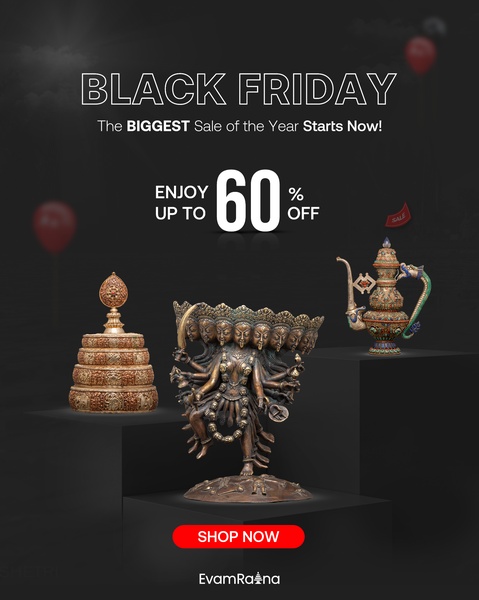 A sophisticated Black Friday promotional creative featuring tiered product placement for artistic artifacts on a minimalist dark background.