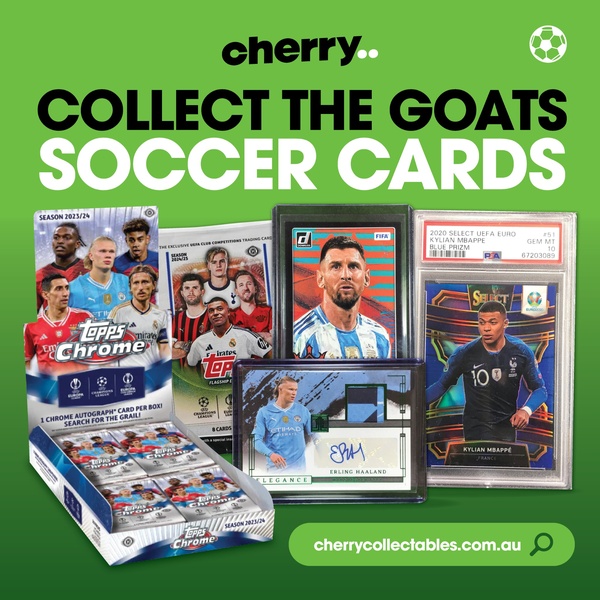 A 1:1 format ad showcasing a selection of premium soccer trading cards and a hobby box set against a vibrant green brand background.