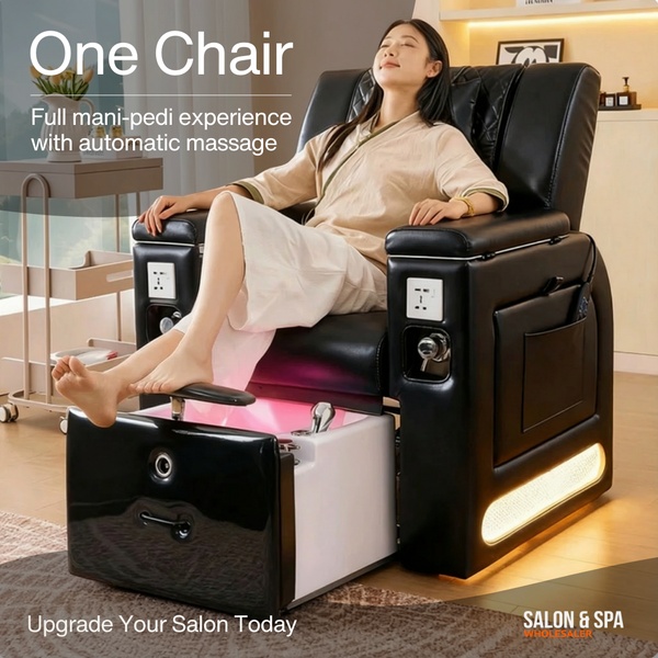 This creative showcases a premium massage pedicure chair featuring a model in a relaxed state, highlighting the dual-functionality of the equipment.