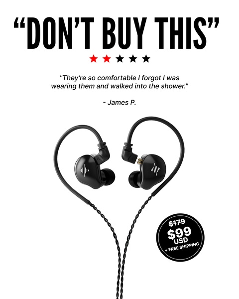 A high-contrast, minimalist testimonial ad for wired earphones that uses a negative-framing hook to grab user attention immediately.