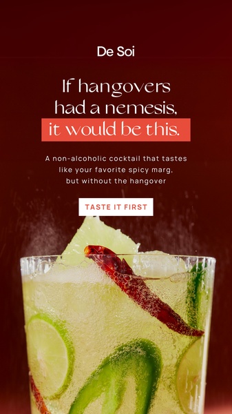 A high-contrast, text-heavy creative promoting a non-alcoholic spicy margarita, focusing on the benefit of avoiding hangovers.
