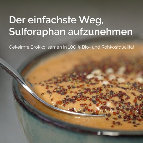 A close-up, high-contrast shot of sprouted broccoli seeds in a bowl with a bold, value-proposition headline overlay.