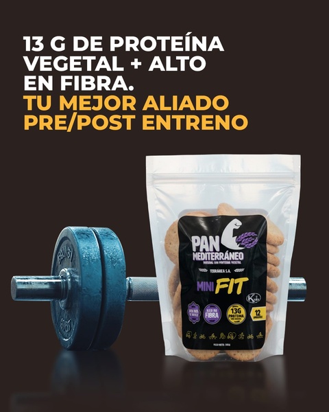 A high-contrast ad featuring a bag of protein cookies positioned next to a heavy weight to visually communicate fitness benefits.