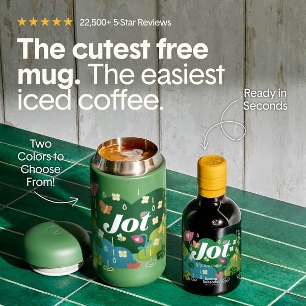 This 1:1 square ad showcases an iced coffee concentrate bottle and a matching branded mug against a clean, tiled kitchen backdrop.