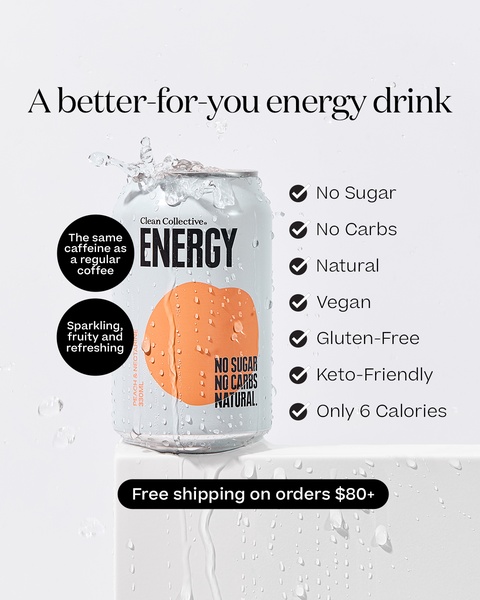 A clean, minimalist product shot of an energy drink can surrounded by water droplets with a bulleted list of health benefits.
