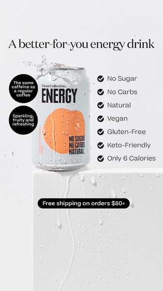 A high-contrast, clean studio shot of an energy drink can surrounded by water droplets with a bulleted list of health benefits.
