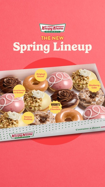 A top-down, high-energy flat lay featuring a full assortment of seasonal doughnuts with clear callout labels to highlight variety.
