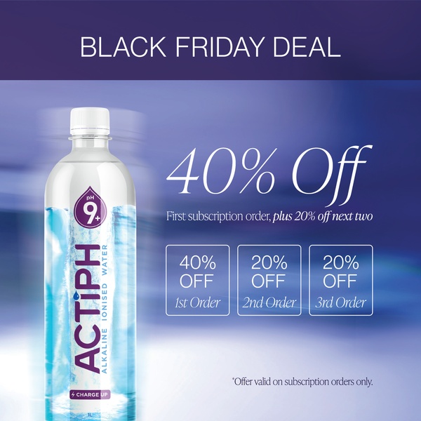 A square 1:1 graphical ad for an alkaline ionized water brand featuring a clear product shot alongside a multi-step discount breakdown for subscription orders.