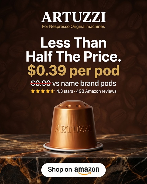 A high-contrast ad creative comparing the unit price of generic coffee pods against name-brand alternatives using bold typography and social proof.