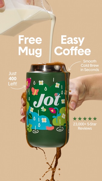 A 9:16 vertical video ad featuring a dynamic pour of milk into a branded cold brew container, highlighting a limited-time free mug offer.