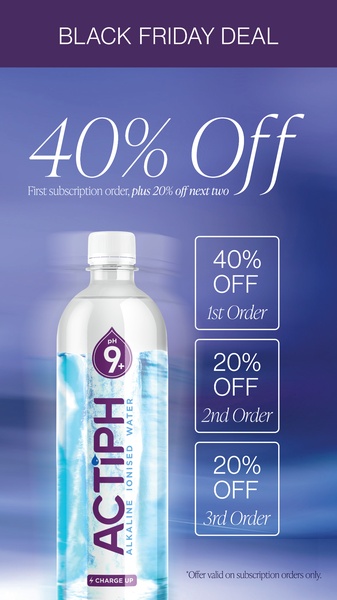 A vertical-format promotional ad for alkaline ionised water that uses a clear multi-tiered discount structure for subscription orders.