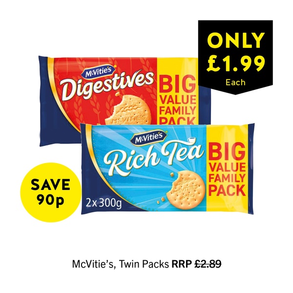 This creative displays two McVitie's biscuit packs side-by-side, utilizing bold color-blocked graphics and clear price points to drive consumer action.