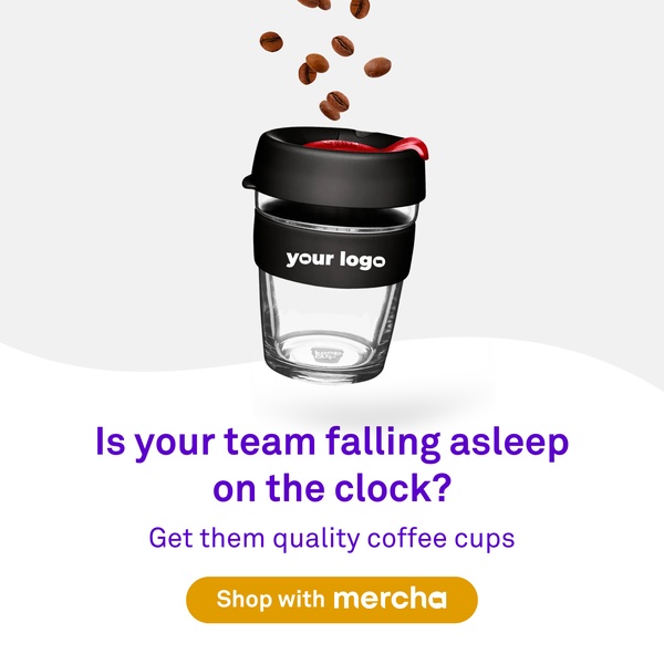 A 1:1 square creative featuring a professional-grade coffee cup being filled with coffee beans, focusing on the workplace fatigue pain point.