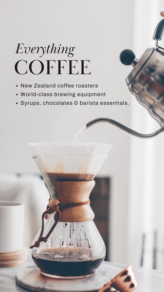 A clean, high-contrast lifestyle image featuring a Chemex pour over coffee setup with concise, bulleted product category benefits.