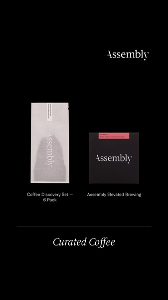 This ad creative uses a high-contrast, minimalist aesthetic to highlight a curated coffee discovery set and brewing accessories.