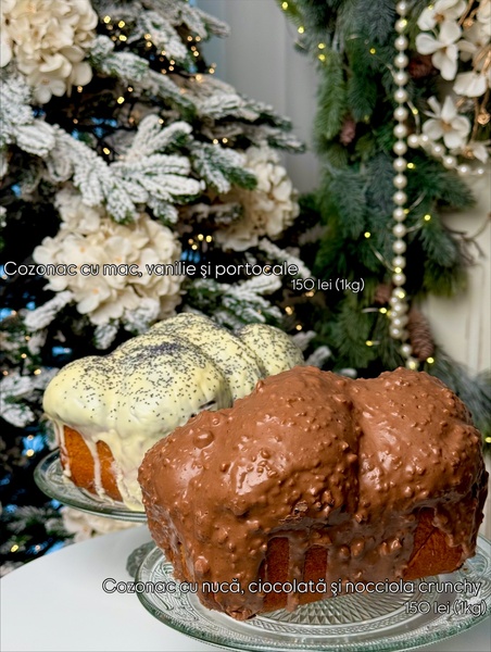 A split-view product hero featuring two types of cozonac against a festive holiday background with soft bokeh lighting.