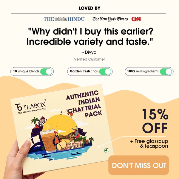 A square ad creative featuring a customer testimonial and trust badges from major media outlets to validate a premium tea product.
