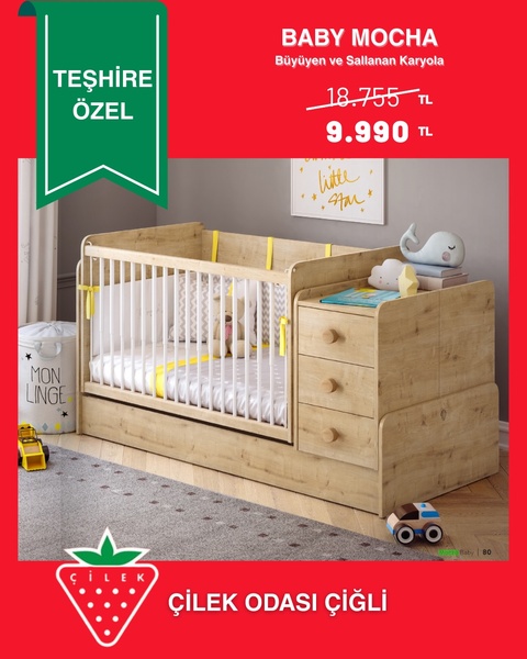 This static 4:5 creative uses a high-contrast red background with clear pricing and product imagery to drive interest in a baby crib sale.