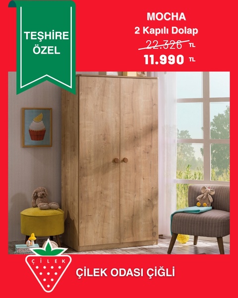 A high-contrast promotional graphic featuring a wood-tone 2 door wardrobe with clear pricing and a limited-time exhibition offer.