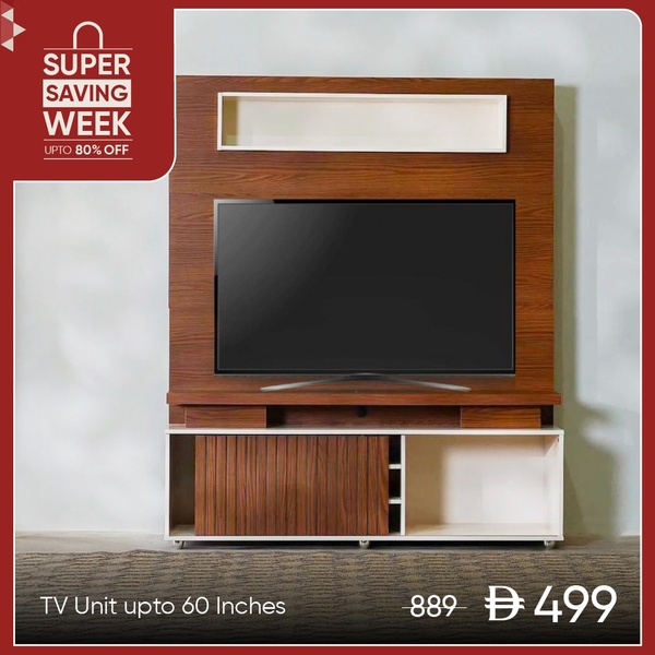 A square-format promotional graphic featuring a modern wood-finished TV unit with a clear price drop visual and a Super Saving Week sale banner.