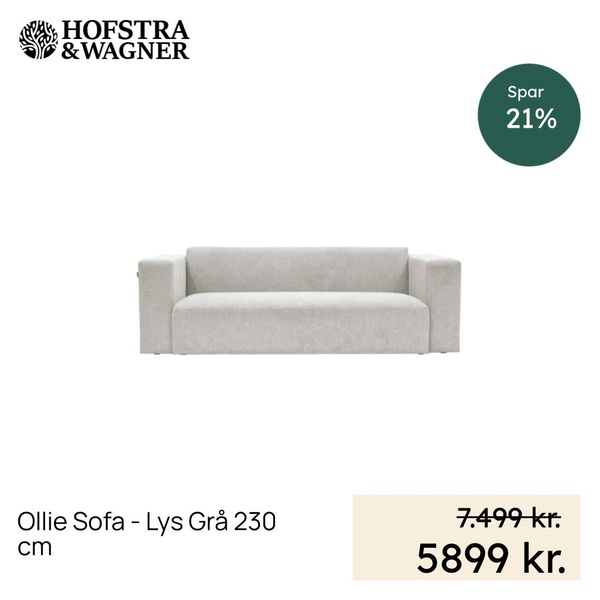 A clean, square-format ad showcasing the Ollie Sofa in light gray with a clear 21% discount badge and adjusted pricing.