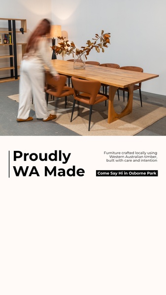 A lifestyle-focused dining table ad highlighting local craftsmanship with a subtle, human-in-motion motion blur effect.