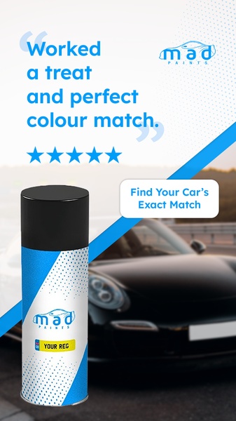 A mobile-optimized testimonial ad for car touch-up paint featuring a five-star review and a professional product showcase.