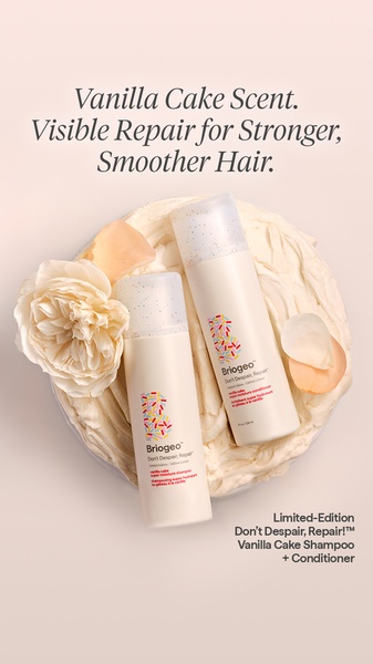 A high-conversion 9:16 ad featuring shampoo and conditioner bottles presented on a vanilla cake background, emphasizing scent and repair.