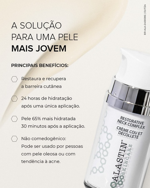 A high-clarity, text-heavy creative focusing on the specific dermatological benefits and hydration efficacy of a neck and décolleté cream.