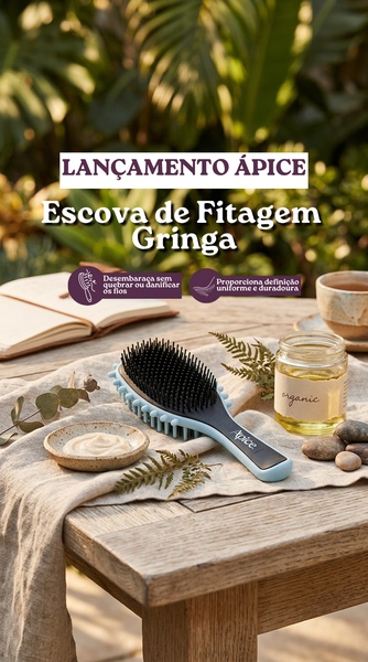 This creative displays a Fitagem brush on a wooden table with organic-themed props to emphasize the product's natural benefits and ease of use.