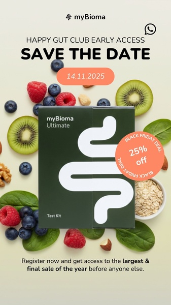 A minimalist, high-contrast promotional ad for a gut health test kit that uses a clear date and sale offer to drive early registration.