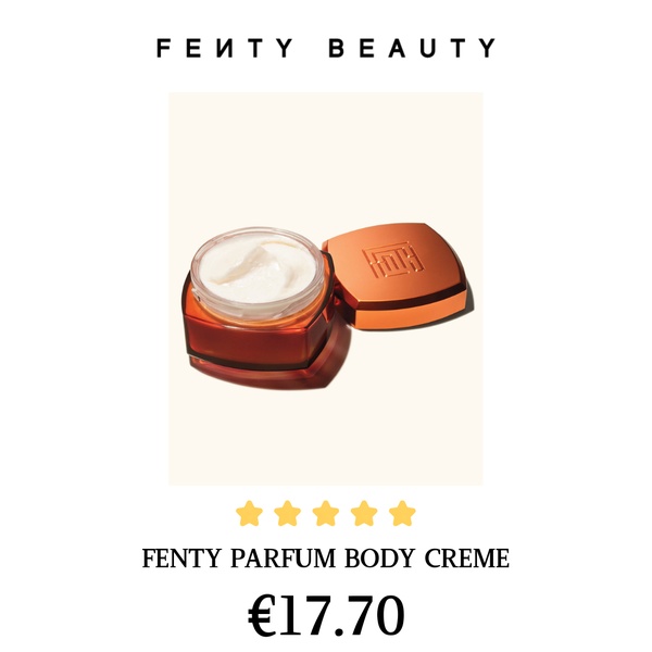 A high-end, clean product hero shot of a body creme jar on a solid off-white background with a five-star rating overlay.