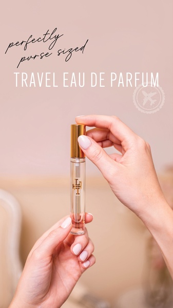 travel perfume, mini perfume, perfume atomizer, fragrance spray, portable perfume, pocket perfume, product demo, lifestyle, minimalist, calm, luxurious, neutral, pink