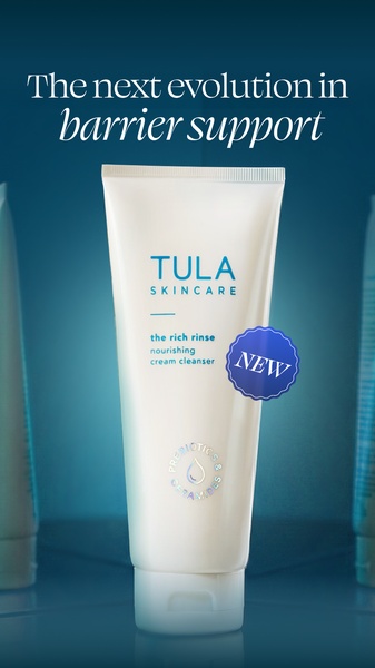 A high-contrast vertical ad showing a clean product hero shot for a barrier-supporting cream cleanser against a deep teal backdrop.