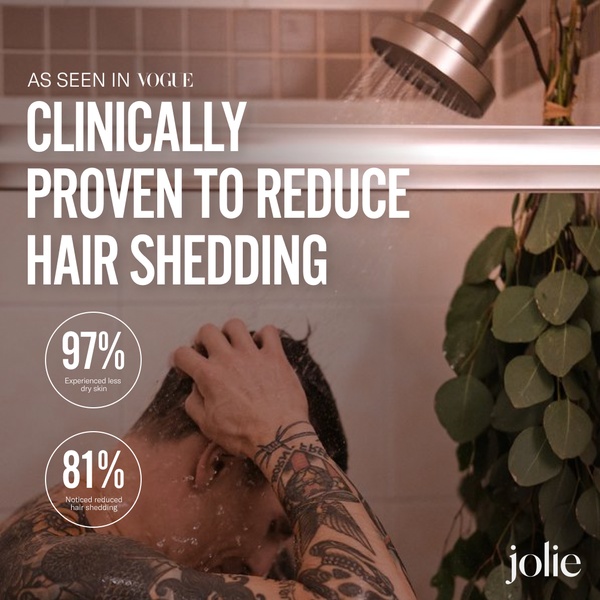A square-ratio ad creative featuring a shower filter with bold text overlays citing Vogue and clinical study percentages to build immediate authority.