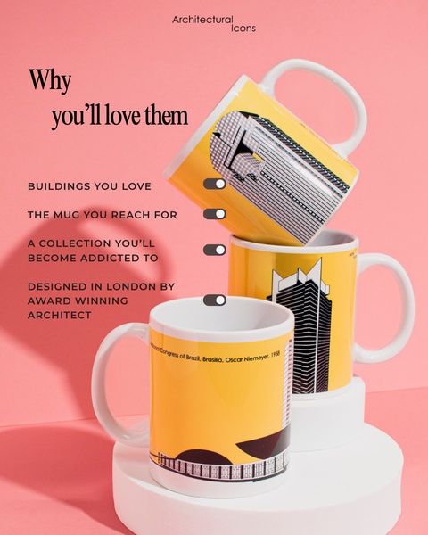 A vertically-oriented, brightly-colored product ad featuring a stacked ceramic mug display with clean, benefit-driven text overlays.