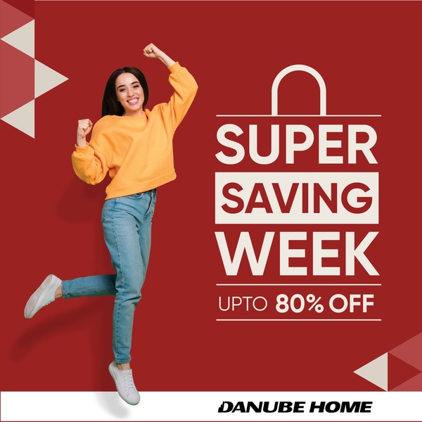 A high-energy, vibrant promotional ad featuring a person jumping to illustrate the excitement of a seasonal home goods sale.