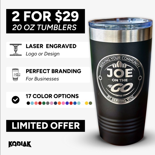 A square-format static ad highlighting a 2 for $29 bundle deal for laser-engraved 20 oz tumblers, using a clear benefit-driven layout.