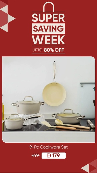 A minimalist, high-contrast ad creative for a 9-piece cookware set, focusing on a strong promotional offer with a clean, aspirational kitchen aesthetic.