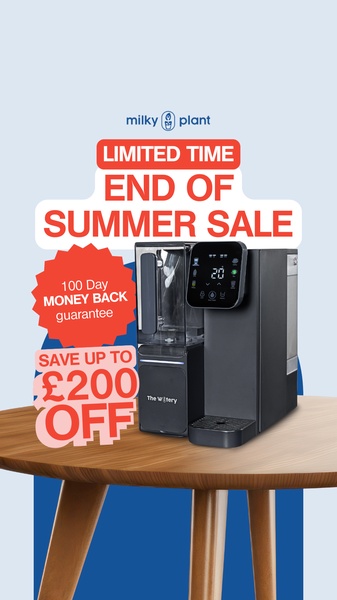 A 9:16 mobile-optimized creative promoting a milk maker with a £200 discount offer and a 100-day money back guarantee.