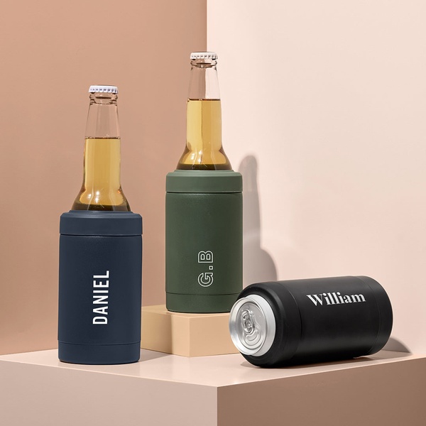 A high-end, studio-lit display of three personalized can coolers featuring custom names and initials in a clean, professional aesthetic.