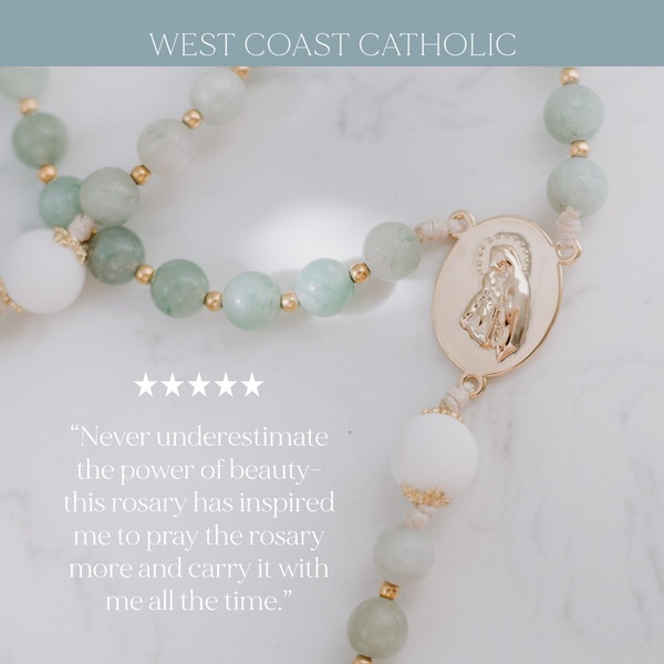 A clean, minimalist product-focused ad that features a close-up image of rosary beads paired with a five-star customer testimonial.