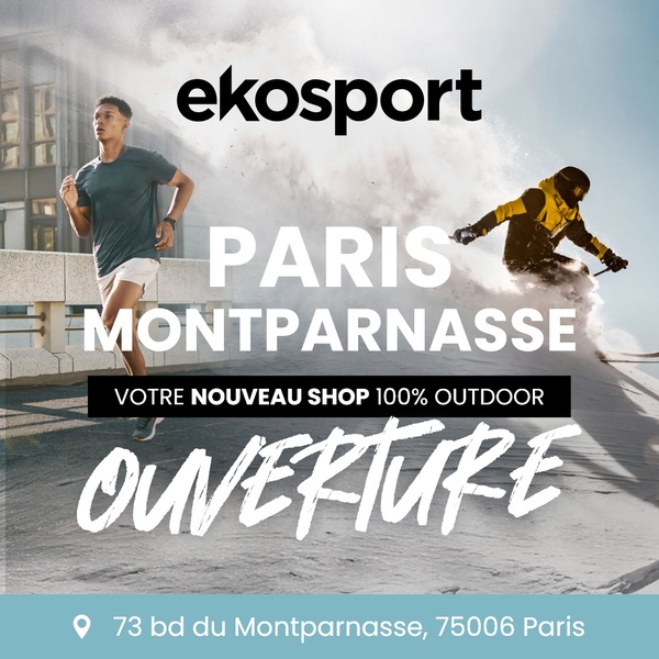 A split-screen ad creative featuring a runner and a skier to announce the opening of a new outdoor gear shop in Paris.