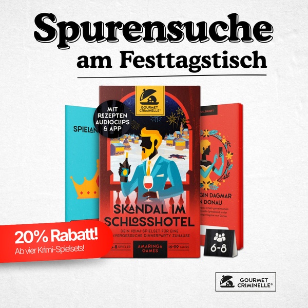 A seasonal promotion for a mystery game set, featuring a 20% discount offer for bundles displayed against a festive, clean background.