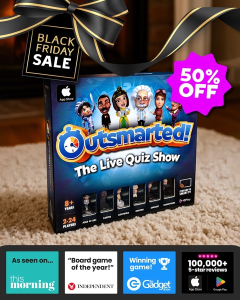 A high-conversion social media ad for the Outsmarted! board game, featuring a clear Black Friday discount, social proof badges, and app store ratings.