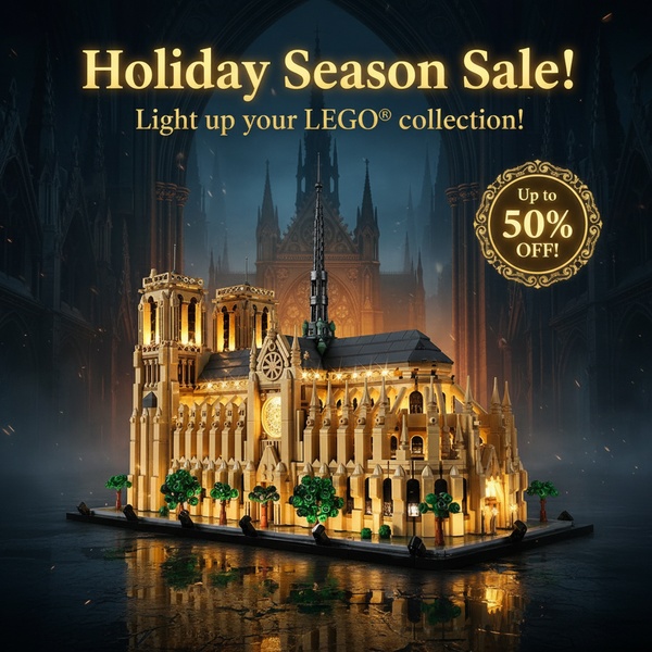 This ad features a 1:1 square display of a complex architectural building model illuminated against a dark, dramatic gothic backdrop, highlighting a 50% off holiday offer.
