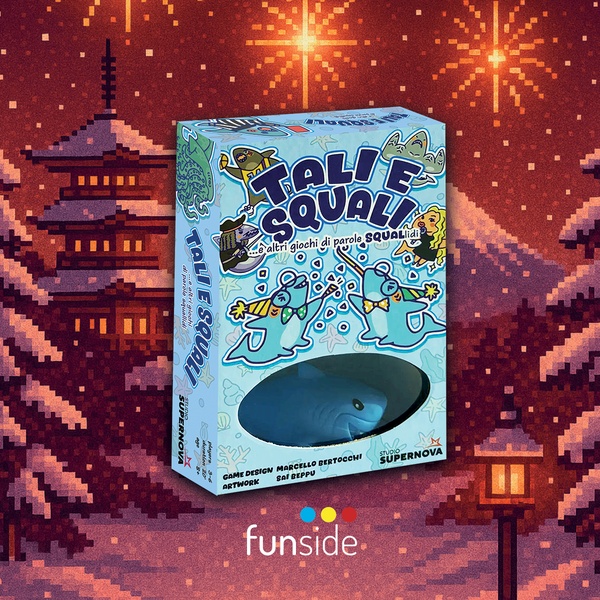 A high-contrast product hero shot featuring the Tali e Squali board game box centered against a stylized, pixel-art holiday background with fireworks.