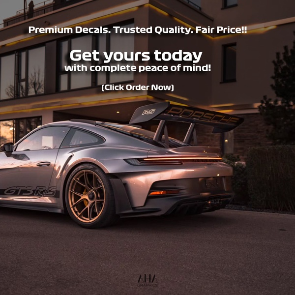A high-end, dusk-lit cinematic shot of a Porsche with custom decals, focusing on a premium aesthetic and trusted quality promise.