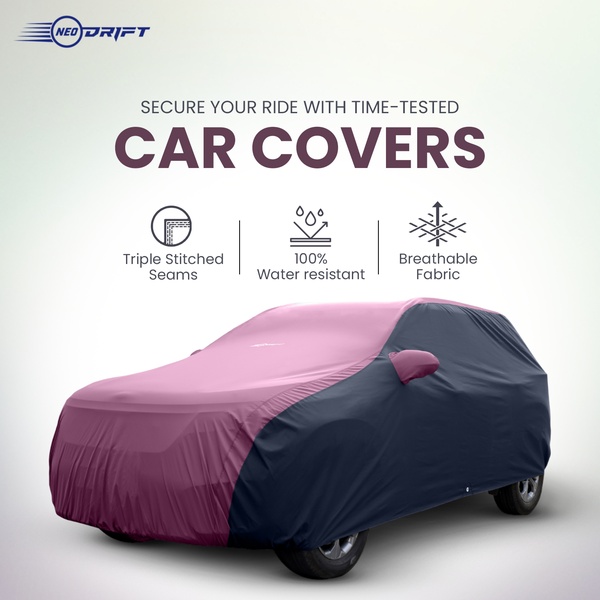 A clean, studio-lit product graphic showcasing a car cover with callouts for durability and material benefits.
