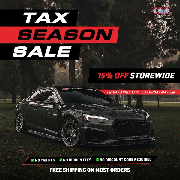 A high-contrast, text-heavy 1:1 image promoting a 15% storewide car part sale during tax season, featuring a dark-toned performance vehicle.